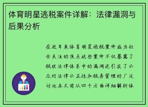 体育明星逃税案件详解：法律漏洞与后果分析