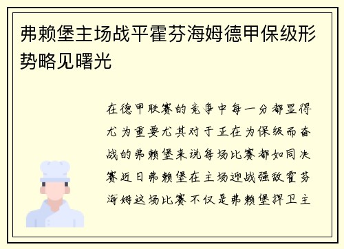 弗赖堡主场战平霍芬海姆德甲保级形势略见曙光