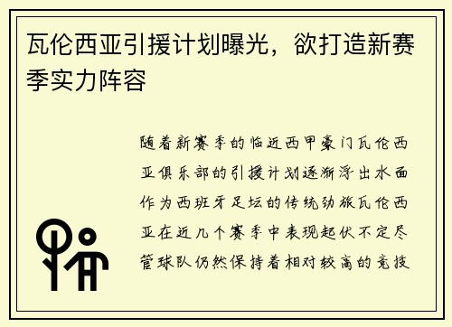 瓦伦西亚引援计划曝光，欲打造新赛季实力阵容
